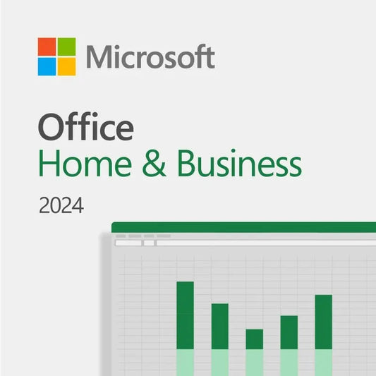 Microsoft Office Home & Business 2024 box art for PC and Mac showing Word, Excel, PowerPoint and Outlook