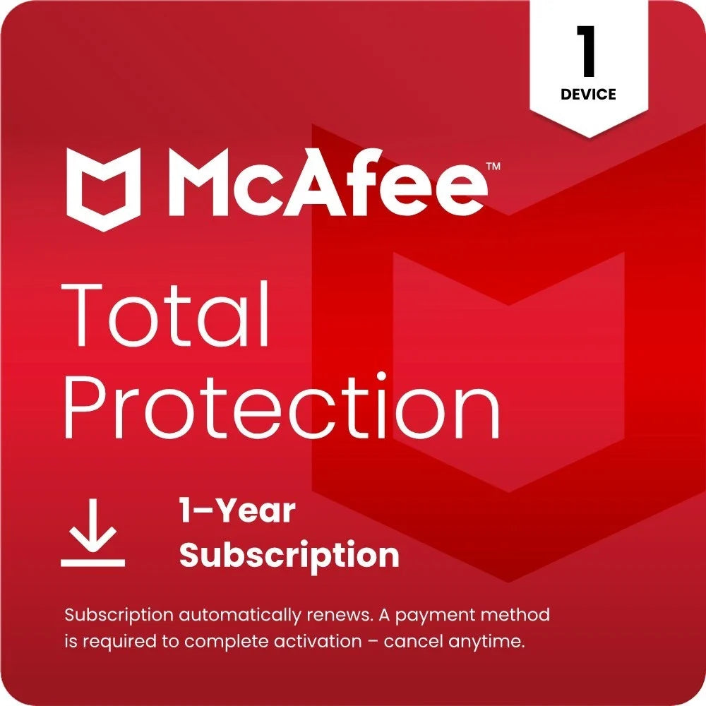 McAfee Total Protection 2026 box art showing antivirus, VPN and identity monitoring