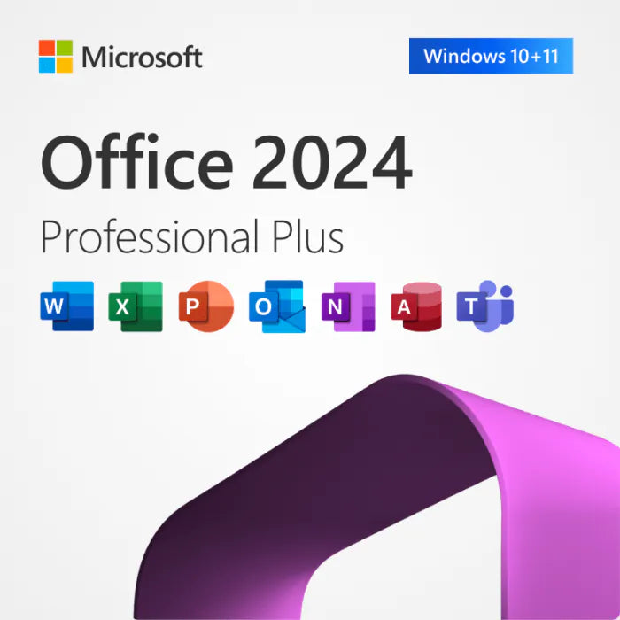 Microsoft Office Professional Plus 2024 box art for Windows showing Word, Excel, PowerPoint and Outlook