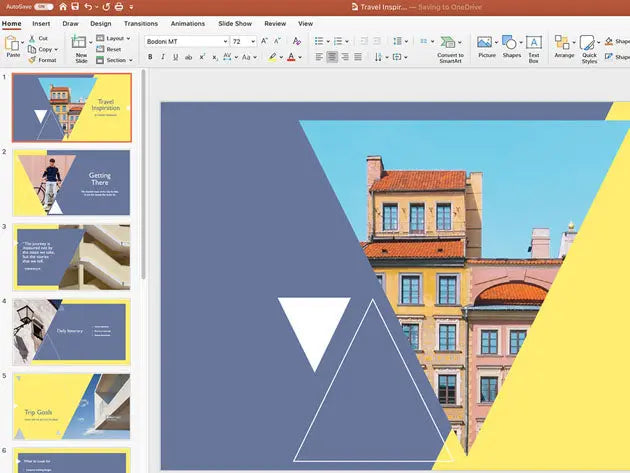 PowerPoint presentation editing screen with slide thumbnails and design layout.