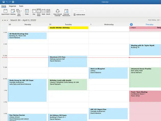Outlook calendar weekly view with scheduled meetings and events.
