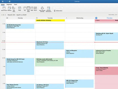Outlook calendar weekly view with scheduled meetings and events.