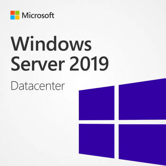 Microsoft Windows Server 2019 Datacenter 16 Core box art and lifetime licence key artwork